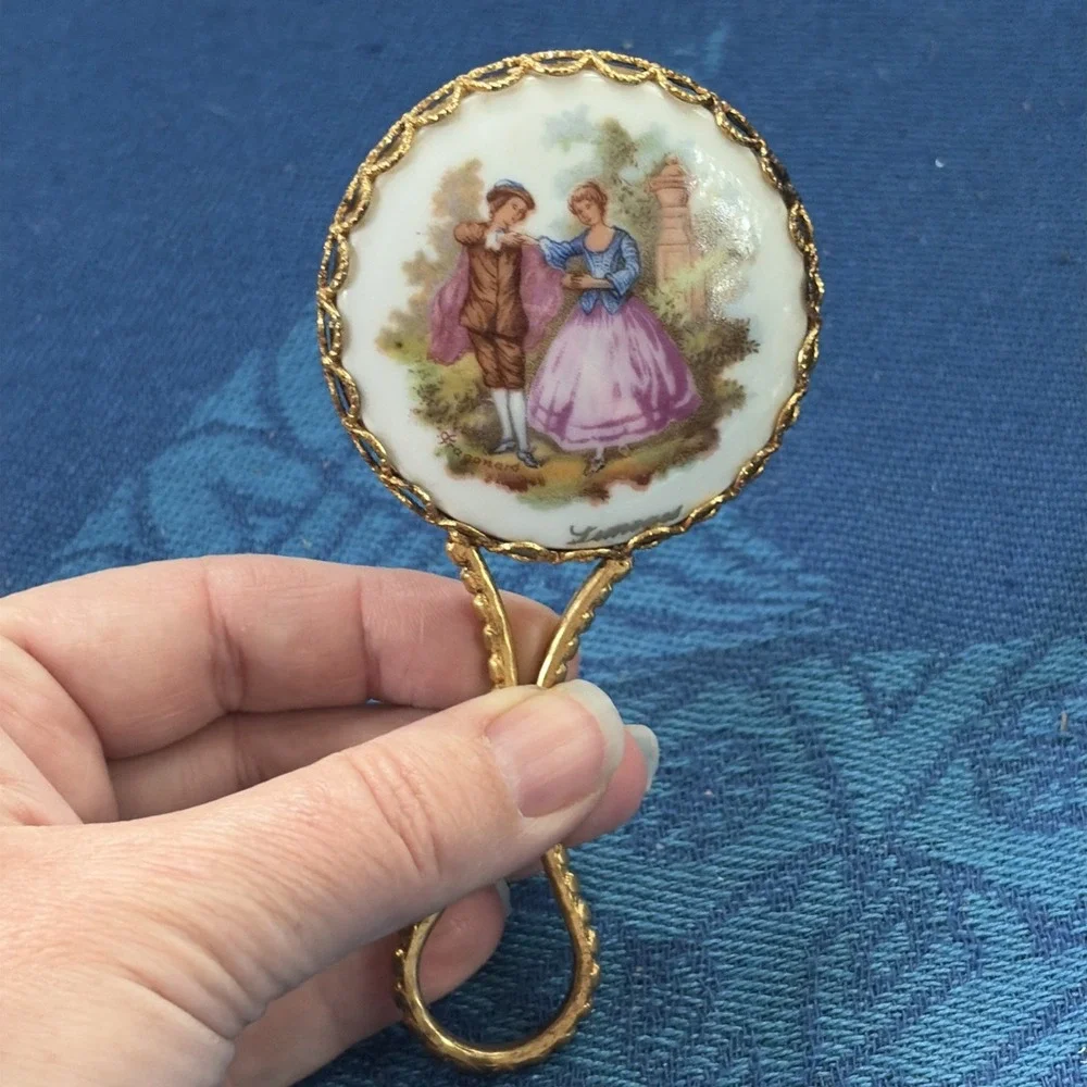 Vtg Limoges Mirror Handheld Porcelain Signed Fragonard for Purse 4.25